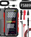 Upgraded USB Rechargeable Digital Multimeter FS899L With Auto Display And Non Contact Voltage Measures AC And DC Voltage Resistance And Continuity Includes Dual Fuse Protection Overload Safety IEC CAT III 1000V CAT IV 600V CE RoHS with accessories.