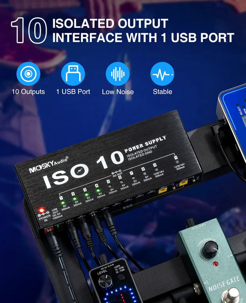 Guitar Pedal Power Supply For Your Rig With 10 Isolated Outputs And USB Port on pedalboard setup