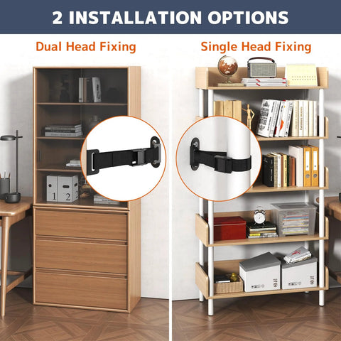 Two Sets Heavy Duty Furniture Wall Anchors With 500Lb Load Capacity Earthquake Proof Safety Kit For Baby And Pet Safety At Home Easy Install Adjustable Wall Mounts With Quick Release Buckle System showing dual and single head fixing on bookshelves.