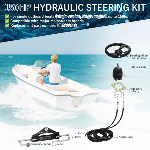 Hydraulic Outboard Steering Kit With Wheel Cylinder Helm Pump 20 Ft Hoses And Installation Parts For Single Engine Boats Up To 150HP
