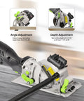 Powerful Compact Circular Saw With Laser Guide, 5.8 Amp, 3500 RPM, showing angle and depth adjustment features.