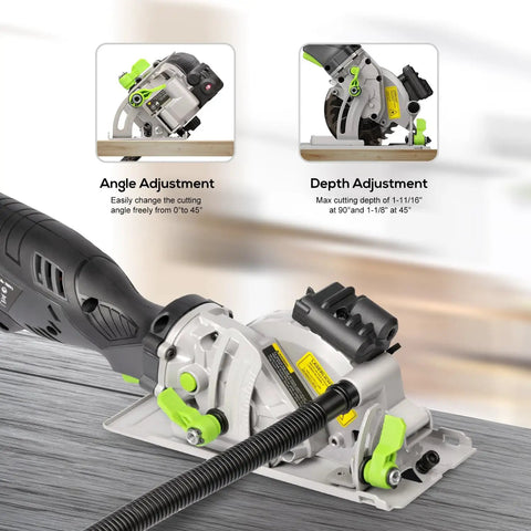 Powerful Compact Circular Saw With Laser Guide, 5.8 Amp, 3500 RPM, showing angle and depth adjustment features.