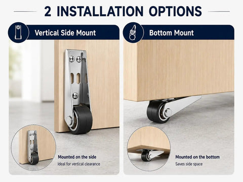 2 installation options for 4 Pack Vertical Track Roller Wheels Heavy Duty Rubber Swivel Casters for Barn Sliding Door Replacement.