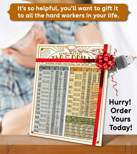 Top Drawer Metric Tap And Drill Magnet Chart Retro 8.5X11 Thread Size Reference on a wooden surface with a gift ribbon.