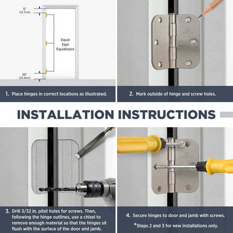 Top Shelf Matte Black Interior Door Hinges 3 1/2 Inch 1/4 Radius Flat Iron Hardware installation instructions with tools.
