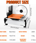 Heavy Duty 200W Electric Meat Slicer With Twin 7.5 Inch Stainless Steel Blades Adjustable Thickness Control For Deli Style Roast Beef Cheese And Bread Perfect Home Kitchen Upgrade Easy Clean Design, size and specifications displayed.