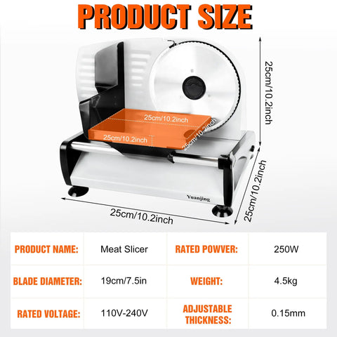 Heavy Duty 200W Electric Meat Slicer With Twin 7.5 Inch Stainless Steel Blades Adjustable Thickness Control For Deli Style Roast Beef Cheese And Bread Perfect Home Kitchen Upgrade Easy Clean Design, size and specifications displayed.