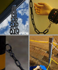 Pro Grade Plastic Safety Barrier Chain For Crowd Control And Parking, 65 Ft Length With Base, shown in use and close-up views