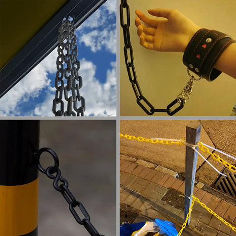 Pro Grade Plastic Safety Barrier Chain For Crowd Control And Parking, 65 Ft Length With Base, shown in use and close-up views