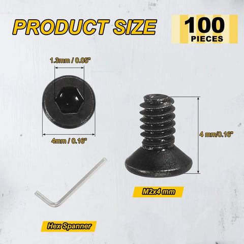 Top Shelf M2x4 Flat Head Socket Cap Screws 100 Pack Heavy Duty Carbon Steel Hex Drive Machine Bolts Grade 10.9 shown with sizes.