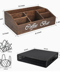 Wooden Coffee Station Organizer with 2-in-1 Pod Drawer and Tea Bag Holder, shown with dimensions and compartments.