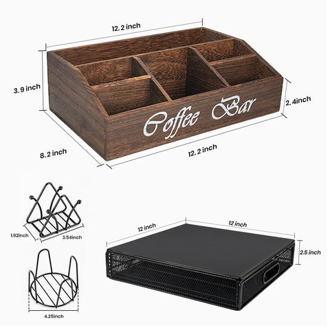 Wooden Coffee Station Organizer with 2-in-1 Pod Drawer and Tea Bag Holder, shown with dimensions and compartments.