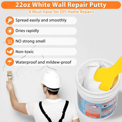 All In One Drywall Patch And Spackle Repair Kit For Quick Holes And Cracks On Walls And Ceilings With 22 Ounce White Putty, Scraper