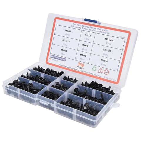 380 Pieces Self Tapping Screws Kit Black Carbon Steel Round Head Self Drilling Screws With Washers for industrial use