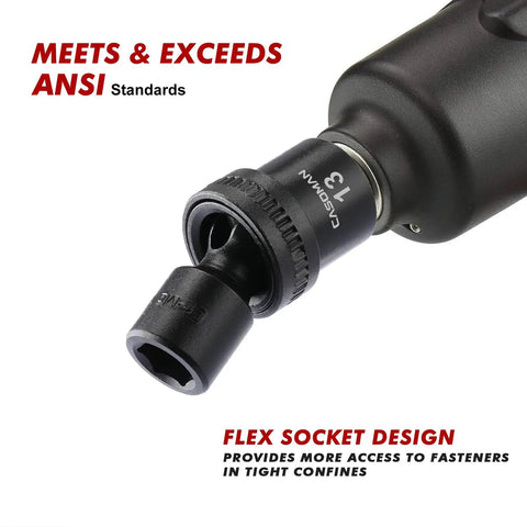 Fifteen Piece One Half Inch Drive Universal Impact Socket Set 6 Point Metric Ten To Twenty Four Millimeter Range With Flex Socket For 360 Degree Angling, close-up view showing a flex socket head.