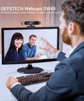 Top Shelf 4K Webcam Packs Sony Autofocus Sensor To Drop Crisp 8MP Video Built In Dual Mic And Quick Slide Privacy Shield Keeps You Ready For Seamless Zoom Calls Remote Jobs And Binge Friendly Live Streaming, showing user video chatting on a monitor.