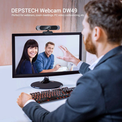 Top Shelf 4K Webcam Packs Sony Autofocus Sensor To Drop Crisp 8MP Video Built In Dual Mic And Quick Slide Privacy Shield Keeps You Ready For Seamless Zoom Calls Remote Jobs And Binge Friendly Live Streaming, showing user video chatting on a monitor.