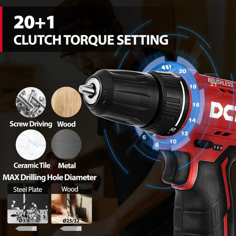 Brushless Cordless Drill Kit With 12V Max Power, 310 In Lbs Torque, 3/8 Inch Keyless Chuck in use showing 20+1 Clutch Settings