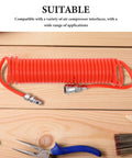Rad Awesome Recoil Air Compressor Hose 6 Meter 19 Point 7 Foot Retractable Spring Line With Connector For Heavy Duty Shop Use Leakproof Seal Keeps Your Setup Safe Solid Construction Makes Transport A Cinch Reliable Performance For Every Job Now. red coiled hose with metal connectors on wood