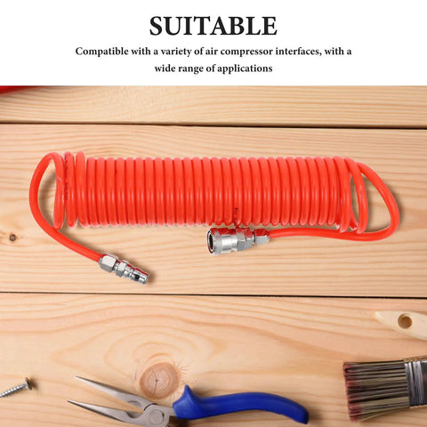 Rad Awesome Recoil Air Compressor Hose 6 Meter 19 Point 7 Foot Retractable Spring Line With Connector For Heavy Duty Shop Use Leakproof Seal Keeps Your Setup Safe Solid Construction Makes Transport A Cinch Reliable Performance For Every Job Now. red coiled hose with metal connectors on wood