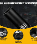 Heavy Duty Half Inch Drive 19mm Deep Well Metric 6 Point Chrome Molybdenum Impact Socket With Corrosion Resistant Black Phosphate Finish close-up with dual markings.
