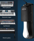 Universal Metal Sustain Pedal For Keyboard And Piano With Polarity Switch 5ft Cable shown beside various keyboard types.