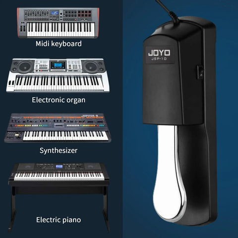 Universal Metal Sustain Pedal For Keyboard And Piano With Polarity Switch 5ft Cable shown beside various keyboard types.