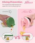 Comparison of pill dispensing with a green lid container vs. 7 Compartment Pill Organizer For Travel With Anti Mix Design, Wide Mouth For Easy Access, BPA Free Patented Pill Container In Pink