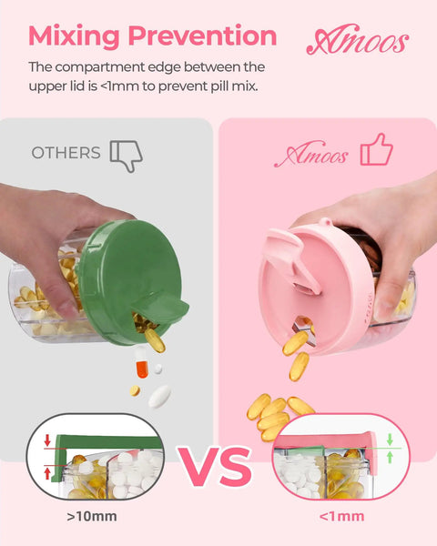 Comparison of pill dispensing with a green lid container vs. 7 Compartment Pill Organizer For Travel With Anti Mix Design, Wide Mouth For Easy Access, BPA Free Patented Pill Container In Pink