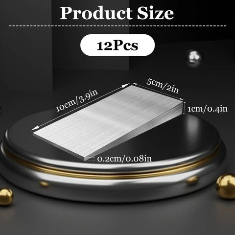 12 Pcs Steel Flange Wedge Set, 4 in by 2 in triangle metal wedges shims on display showing dimensions for lathes and welding machines.