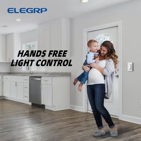 Mother holding child in kitchen with a Motion Sensor Light Switch With Occupancy Detection No Neutral Wire Required Single Pole on wall.