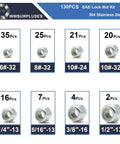 130-Piece SAE Lock Nut Set Stainless Steel 304 A2-70 includes various sizes from 6-32 to 1/2-13 viewed in labeled boxes
