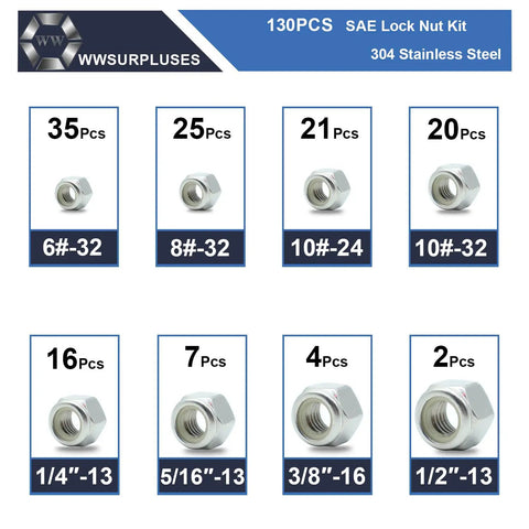 130-Piece SAE Lock Nut Set Stainless Steel 304 A2-70 includes various sizes from 6-32 to 1/2-13 viewed in labeled boxes
