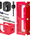 Pro Grade Aluminum Door Hinge Jig And Lock Installation Kit with router template, gauge, and drill bits for accurate hinge fitting.