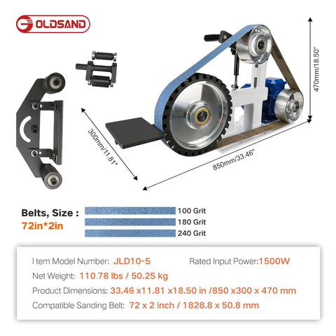Heavy Duty Belt Grinder Sander With Badass 1500 Watt Variable Speed Metal Polishing Machine and 72 Inch Flat Arc Wheels dimensions and parts.