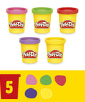 5 Play-Doh tubs with assorted lid colors, plastic modeling compound containers for kids craft play