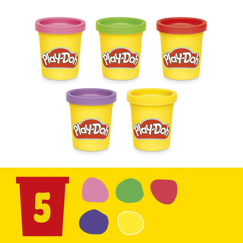 5 Play-Doh tubs with assorted lid colors, plastic modeling compound containers for kids craft play