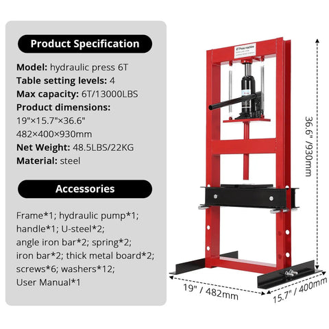 Beefy 6 Ton Hydraulic Shop Press With H Frame And Two Press Plates, Garage Floor Press For Auto Repairs, Metal Fabrication And Maintenance, Adjustable Work Table Height, Red shown with 36.6 in height