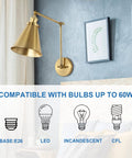 Swing Arm Wall Lamp In Warm Brass Gold Finish With Up And Down Lighting Adjustable Metal Shade For Bedroom Nightstand Reading