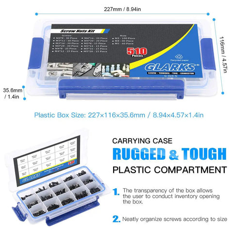 510 Piece M3 M4 M5 Button Head Socket Cap Bolt And Nut Assortment Kit With Black Oxide Finish in clear plastic case.