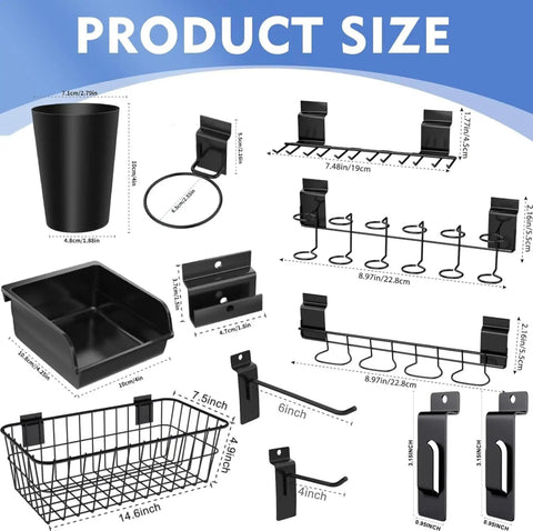 43 Piece Slat Wall Organizer Kit With Hooks, Shelves, Bins, Baskets, Cups, And Screwdriver Holders Black Storage System sizes