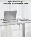 3 Inch Recessed Desk Power Grommet With USB C 65W Fast Charging and Ultra Flat Plug Strip in use on a desk with laptop and phone.