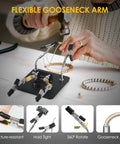 Close-up of soldering station holder with storage box and third hand tool, adjustable arms on 4x4 inch metal base, used for jewelry making.