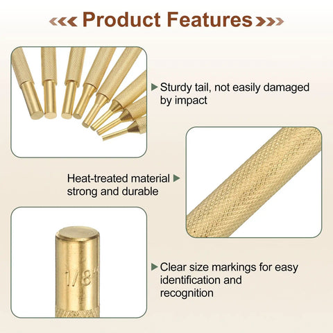 Versatile Top Shelf Heavy Duty Brass Alignment Punch Tool Set For Precision Watch Repair And Jewelry Crafting With Non Marring Tips And Secure No Slip Cylindrical Drive Design features brass punches with knurled handles and size markings.