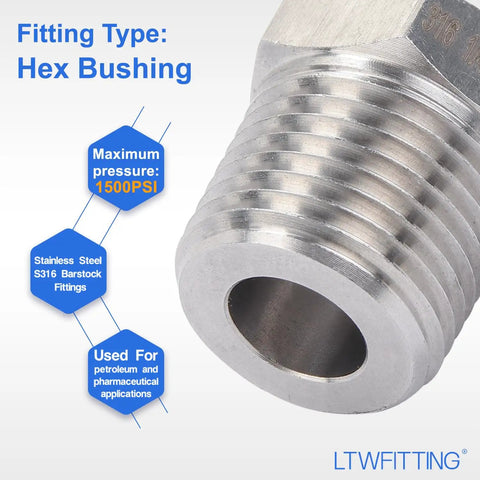 No Nonsense Heavy Duty Stainless Steel 316 Hex Bushing Reducer 1/2 Male NPT To 1/4 Female Pipe Fitting close-up view