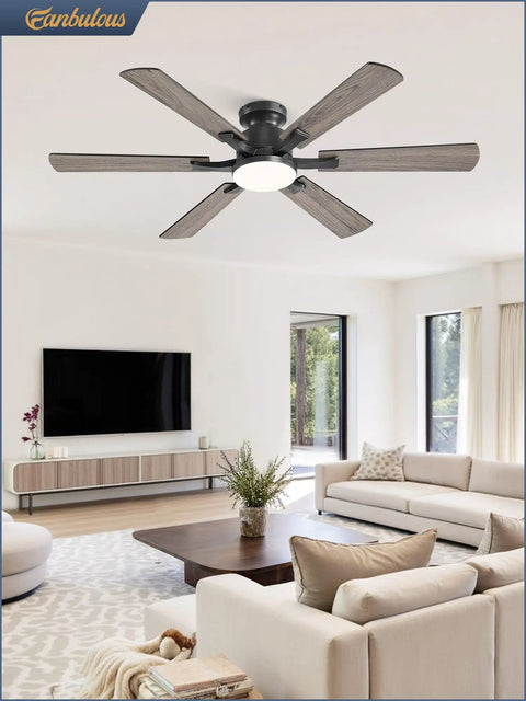 52 Inch Ceiling Fan With Lights, App And Remote, Flush Mount Low Profile Black Ceiling Fan in modern living room