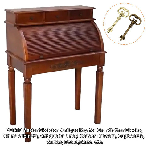 Top Shelf Roll Top Desk Lock Key Pair Hella Sturdy Brass Plated Antique Skeleton Master Key Zinc Alloy Build displayed with wooden desk.
