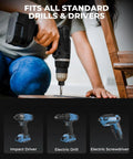 Person using cordless drill illustrating Best Go To 46 Piece Screwdriver Bit Set With S2 Steel Bits compatibility with drills.