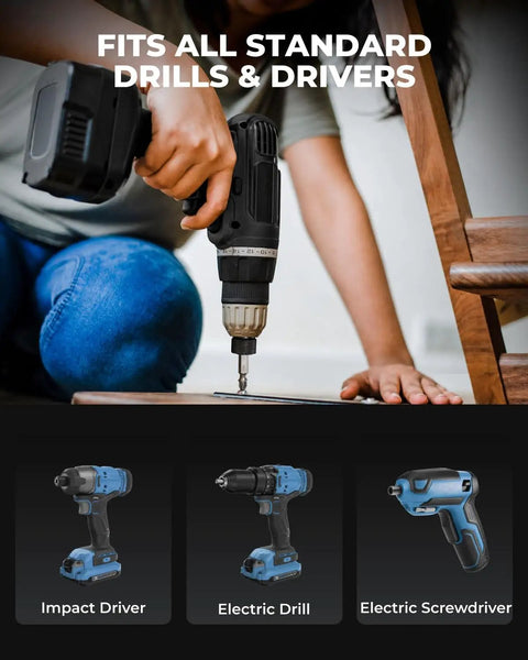Person using cordless drill illustrating Best Go To 46 Piece Screwdriver Bit Set With S2 Steel Bits compatibility with drills.