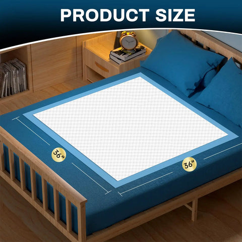 Hospital Grade Disposable Bed Pads 36X36 Inches 50 Count Pad Set shown on bed with dimensions labeled.